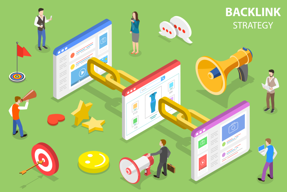 Isometric flat concept of backlink strategy, SEO link building, digital marketing campaign.